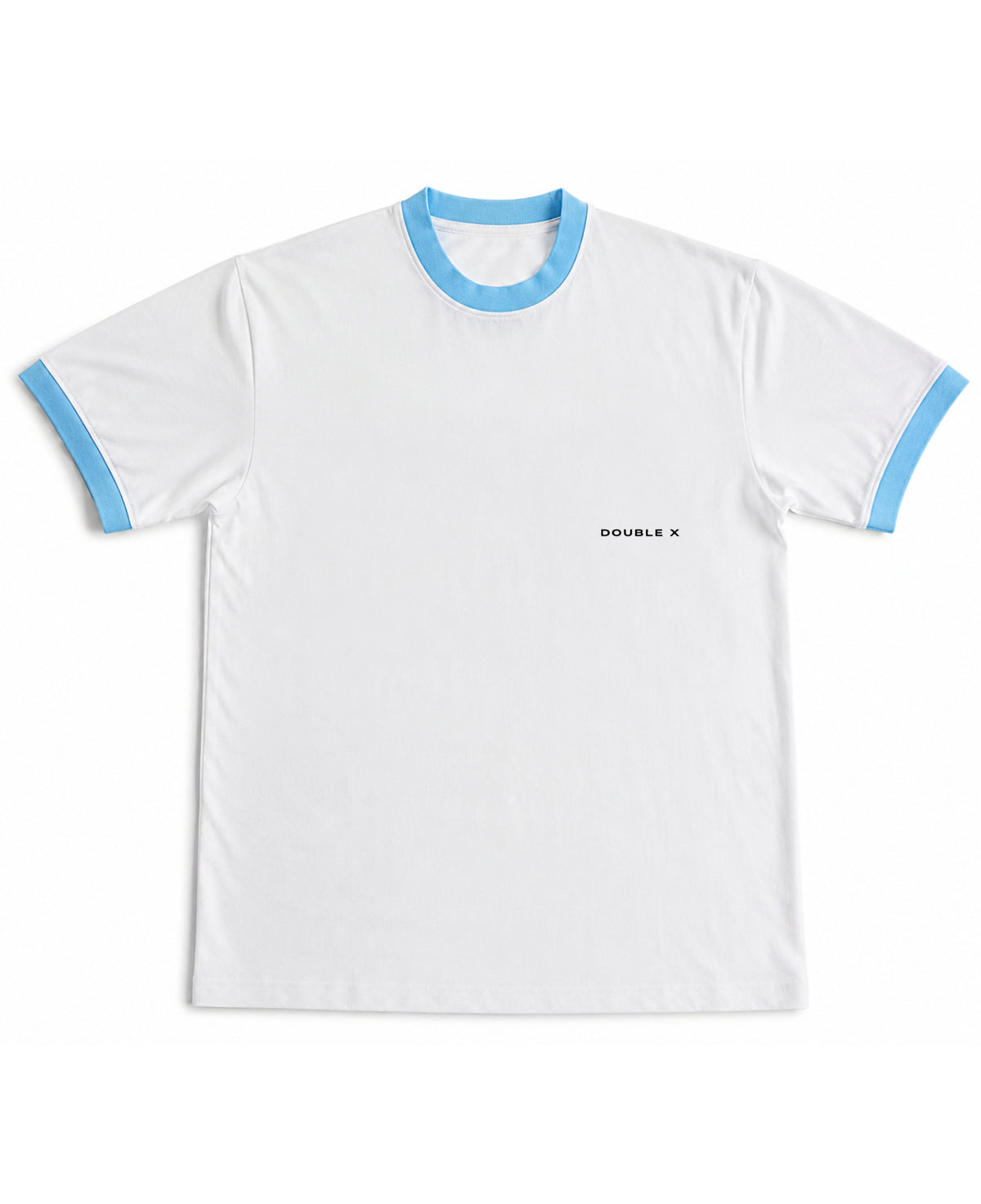 White & Sky Blue Ringer tee Front Design